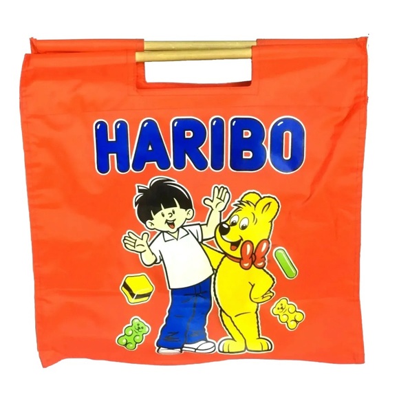 Haribo Candy Themed Red Tote Bag Unique Haribo Bear Boy Blue Logo Wood Handle - Picture 1 of 9